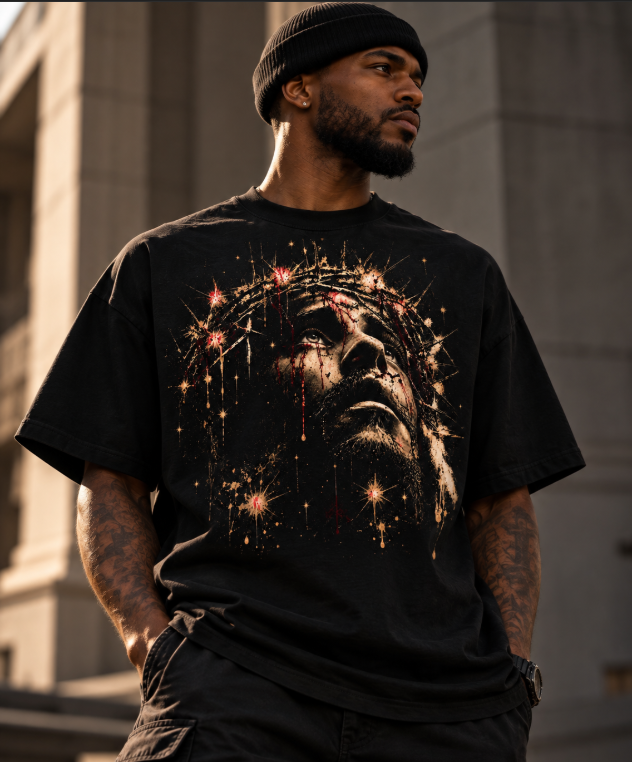 OVERSIZED FIT | YAHUSHUA™ King of Kings | Premium Christian Streetwear T-Shirt | Jesus Crown of Thorns Graphic | CADAVI Unisex organic high neck t-shirt