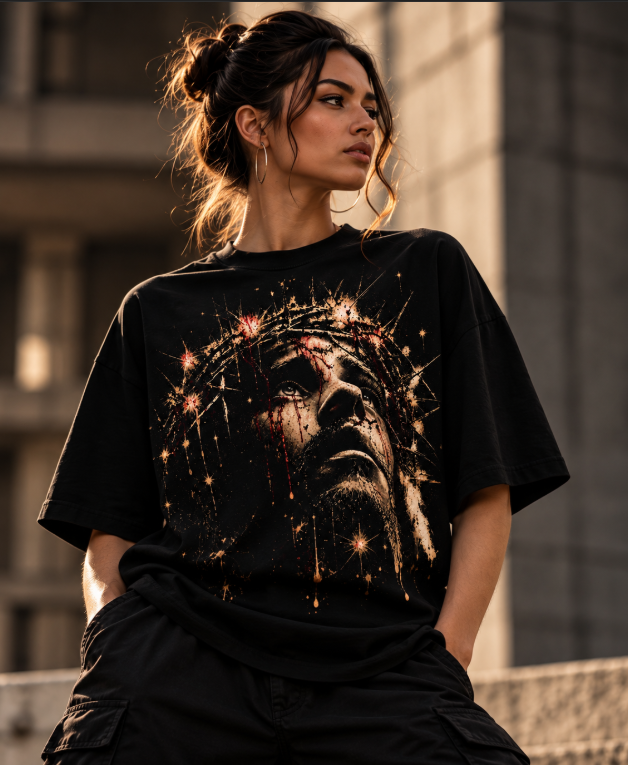 OVERSIZED FIT | YAHUSHUA™ King of Kings | Premium Christian Streetwear T-Shirt | Jesus Crown of Thorns Graphic | CADAVI Unisex organic high neck t-shirt