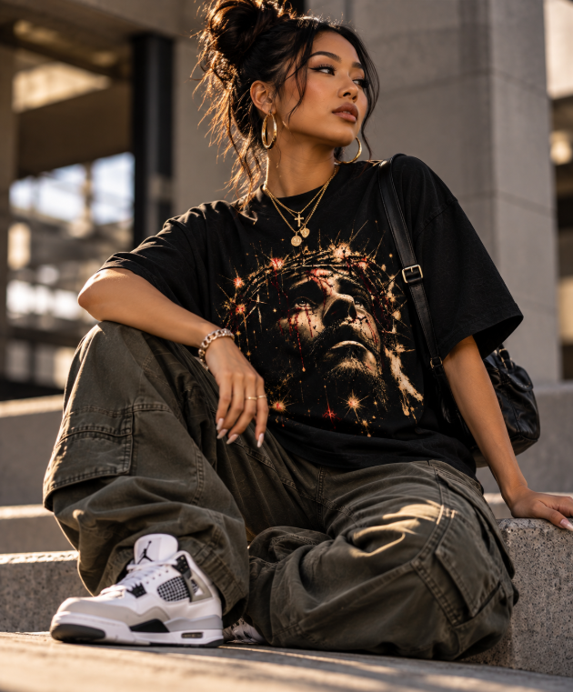 OVERSIZED FIT | YAHUSHUA™ King of Kings | Premium Christian Streetwear T-Shirt | Jesus Crown of Thorns Graphic | CADAVI Unisex organic high neck t-shirt